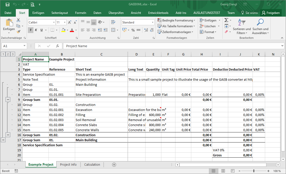 GAEB in Excel - Overview Worksheet