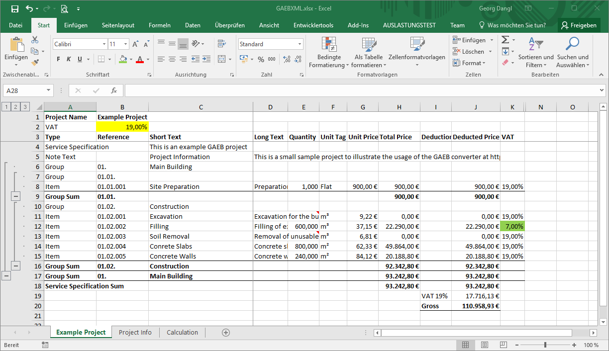 GAEB in Excel - Tax Rates